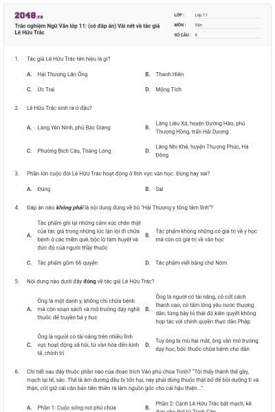 Trắc nghiệm Ngữ Văn lớp 11: (có đáp án) Vài nét về tác giả Lê Hữu Trác