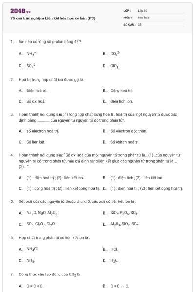 75 câu trắc nghiệm Liên kết hóa học cơ bản (P3)
