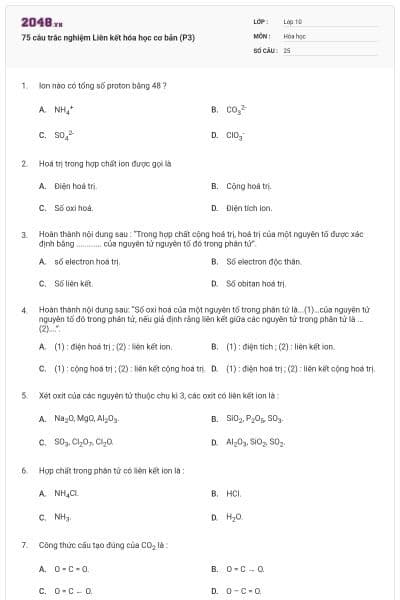 75 câu trắc nghiệm Liên kết hóa học cơ bản (P3)