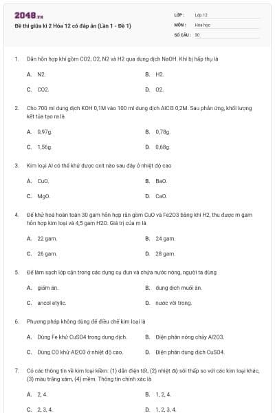 Đề thi giữa kì 2 Hóa 12 có đáp án (Lần 1 - Đề 1)