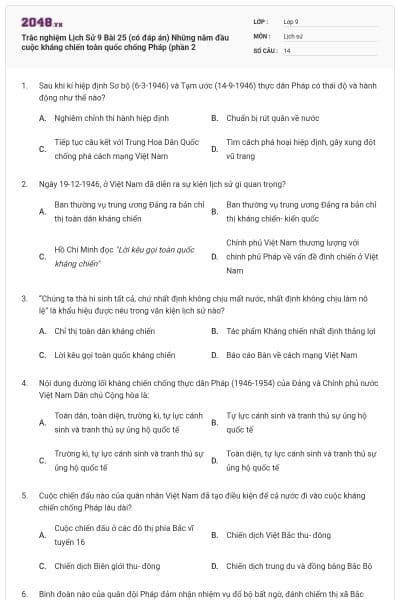 Trắc nghiệm Lịch Sử 9 Bài 25 (có đáp án) Những năm đầu cuộc kháng chiến toàn quốc chống Pháp (phần 2