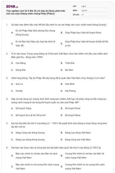 Trắc nghiệm Lịch Sử 9 Bài 26 (có đáp án) Bước phát triển mới của cuộc kháng chiến chống Pháp (Phần2)