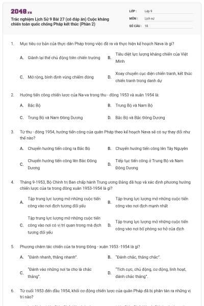 Trắc nghiệm Lịch Sử 9 Bài 27 (có đáp án) Cuộc kháng chiến toàn quốc chống Pháp kết thúc (Phần 2)