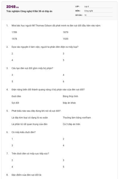 Trắc nghiệm Công nghệ 8 Bài 38 có đáp án