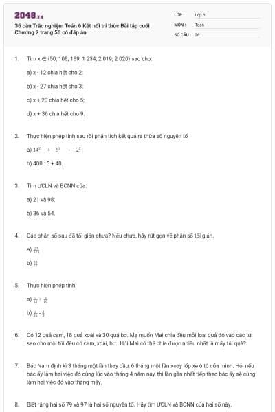36 câu Trắc nghiệm Toán 6 Kết nối tri thức Bài tập cuối Chương 2 trang 56 có đáp án
