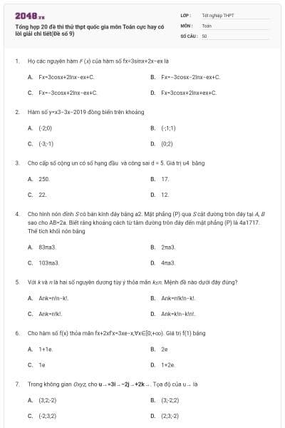 Tổng hợp 20 đề thi thử thpt quốc gia môn Toán cực hay có lời giải chi tiết(Đề số 9)