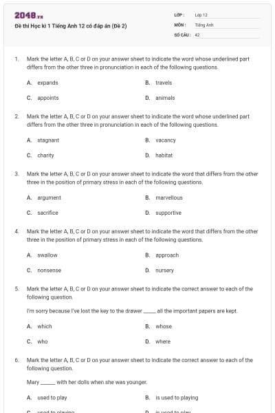 Đề thi Học kì 1 Tiếng Anh 12 có đáp án (Đề 2)