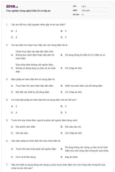 Trắc nghiệm Công nghệ 8 Bài 33 có đáp án