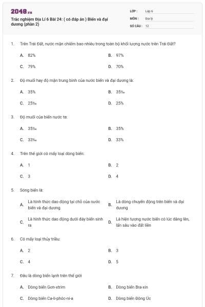 Trắc nghiệm Địa Lí 6 Bài 24: ( có đáp án ) Biển và đại dương (phần 2)