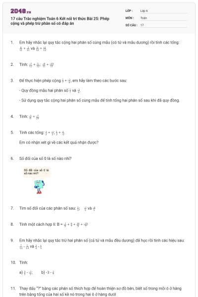 17 câu Trắc nghiệm Toán 6 Kết nối tri thức Bài 25: Phép cộng và phép trừ phân số có đáp án