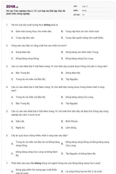 30 câu Trắc nghiệm Địa Lí 12: (có đáp án) Bài tập Vấn đề phát triển nông nghiệp