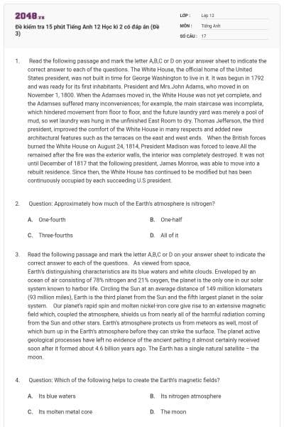 Đề kiểm tra 15 phút Tiếng Anh 12 Học kì 2 có đáp án (Đề 3)