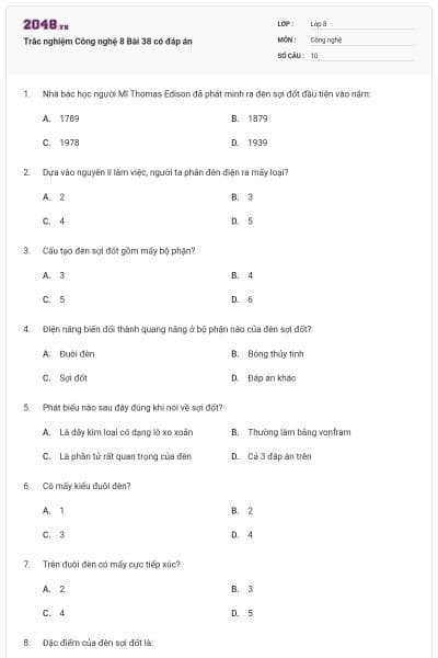 Trắc nghiệm Công nghệ 8 Bài 38 có đáp án