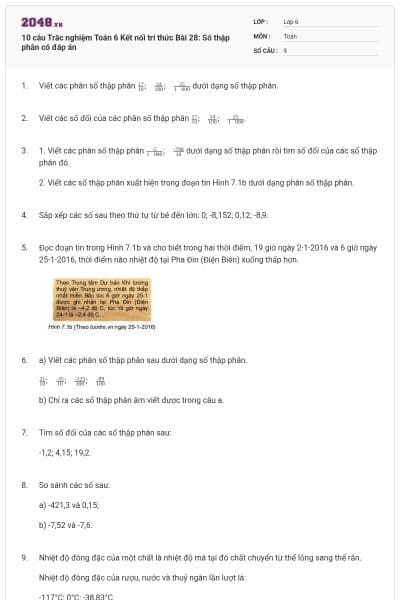 10 câu Trắc nghiệm Toán 6 Kết nối tri thức Bài 28: Số thập phân có đáp án
