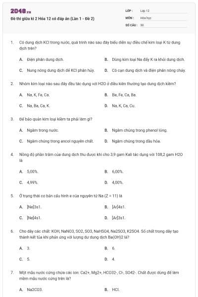 Đề thi giữa kì 2 Hóa 12 có đáp án (Lần 1 - Đề 2)