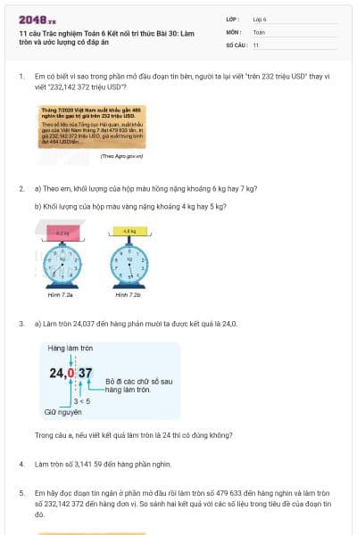 11 câu Trắc nghiệm Toán 6 Kết nối tri thức Bài 30: Làm tròn và ước lượng có đáp án