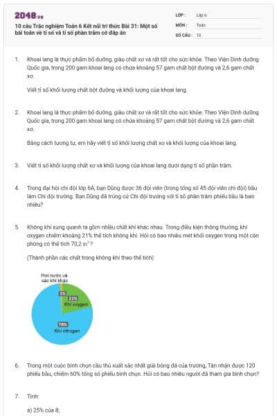 10 câu Trắc nghiệm Toán 6 Kết nối tri thức Bài 31: Một số bài toán về tỉ số và tỉ số phần trăm có đáp án