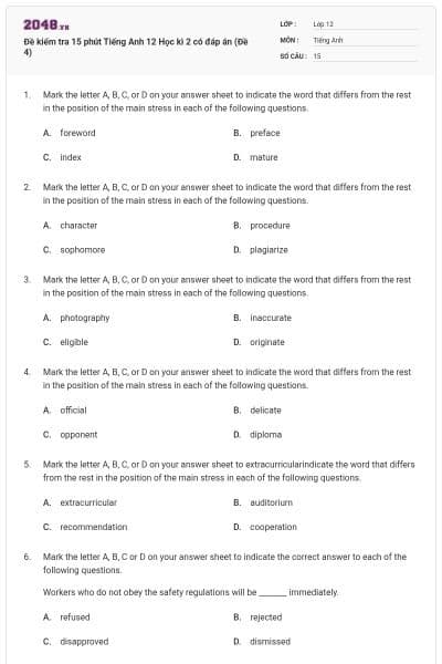 Đề kiểm tra 15 phút Tiếng Anh 12 Học kì 2 có đáp án (Đề 4)