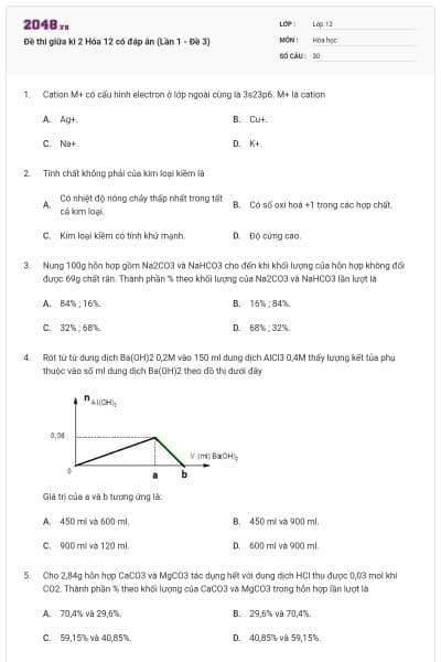 Đề thi giữa kì 2 Hóa 12 có đáp án (Lần 1 - Đề 3)