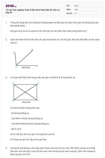 15 câu Trắc nghiệm Toán 6 Kết nối tri thức Bài 36: Góc có đáp án