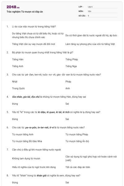 Trắc nghiệm Từ mượn có đáp án