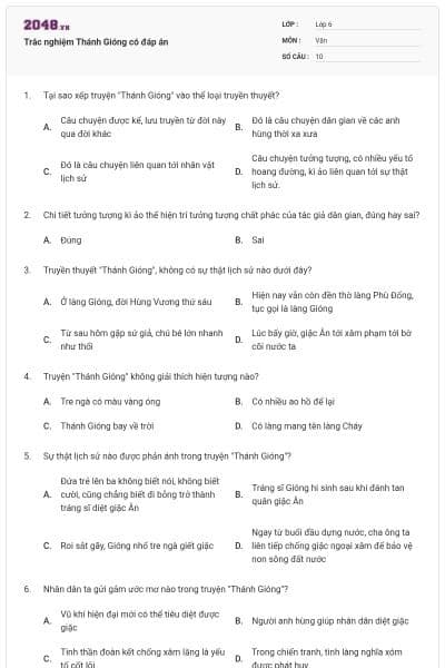 Trắc nghiệm Thánh Gióng có đáp án