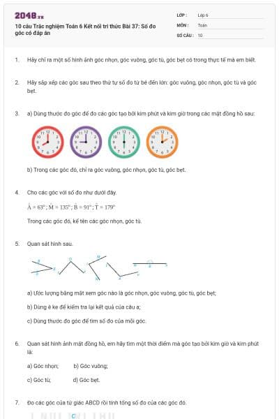 10 câu Trắc nghiệm Toán 6 Kết nối tri thức Bài 37: Số đo góc có đáp án