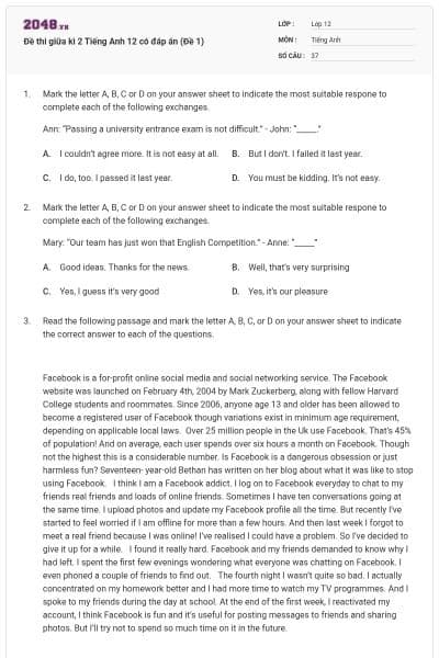 Đề thi giữa kì 2 Tiếng Anh 12 có đáp án (Đề 1)