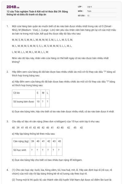 12 câu Trắc nghiệm Toán 6 Kết nối tri thức Bài 39: Bảng thống kê và biểu đồ tranh có đáp án
