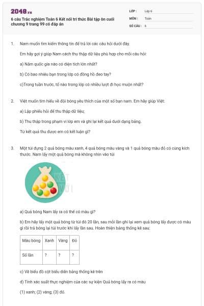 6 câu Trắc nghiệm Toán 6 Kết nối tri thức Bài tập ôn cuối chương 9 trang 99 có đáp án