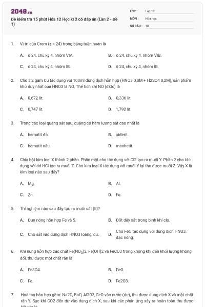 Đề kiểm tra 15 phút Hóa 12 Học kì 2 có đáp án (Lần 2 - Đề 1)