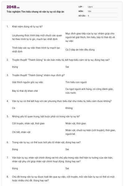 Trắc nghiệm Tìm hiểu chung về văn tự sự có đáp án