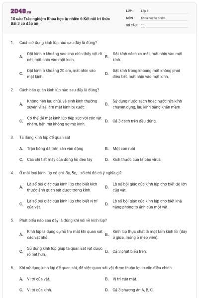 10 câu Trắc nghiệm Khoa học tự nhiên 6 Kết nối tri thức Bài 3 có đáp án