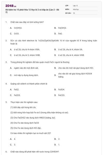 Đề kiểm tra 15 phút Hóa 12 Học kì 2 có đáp án (Lần 2 - Đề 2)