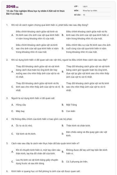 10 câu Trắc nghiệm Khoa học tự nhiên 6 Kết nối tri thức Bài 4 có đáp án
