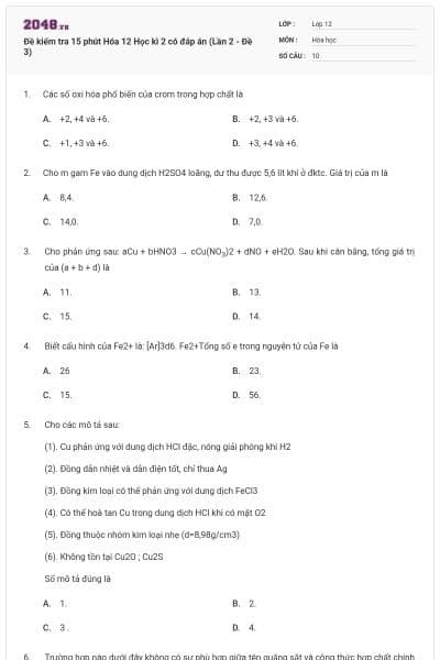 Đề kiểm tra 15 phút Hóa 12 Học kì 2 có đáp án (Lần 2 - Đề 3)