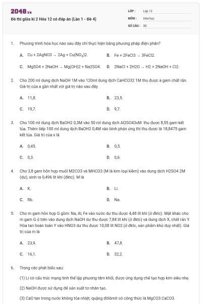 Đề thi giữa kì 2 Hóa 12 có đáp án (Lần 1 - Đề 4)