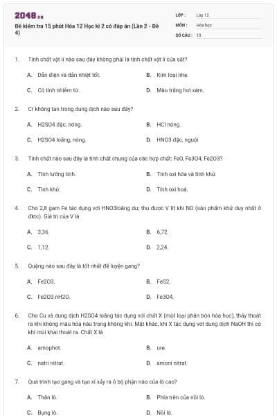 Đề kiểm tra 15 phút Hóa 12 Học kì 2 có đáp án (Lần 2 - Đề 4)