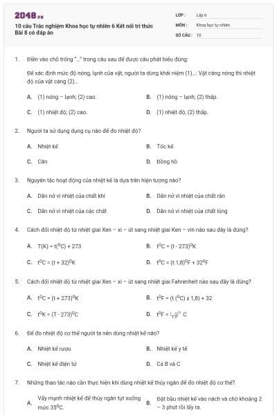 10 câu Trắc nghiệm Khoa học tự nhiên 6 Kết nối tri thức Bài 8 có đáp án