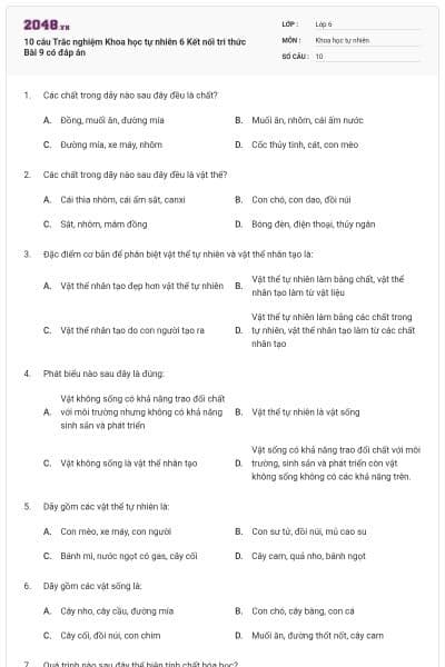 10 câu Trắc nghiệm Khoa học tự nhiên 6 Kết nối tri thức Bài 9 có đáp án