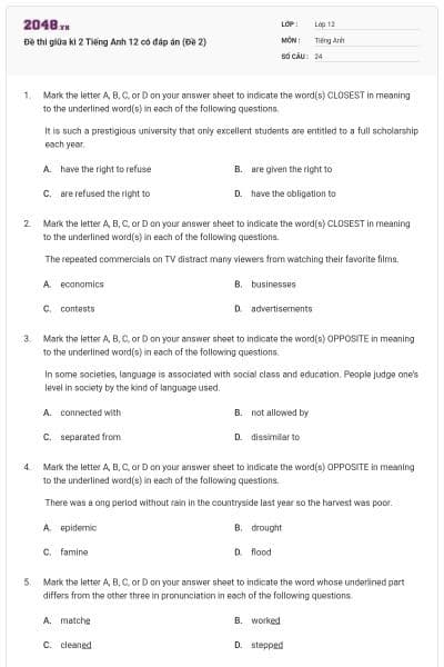Đề thi giữa kì 2 Tiếng Anh 12 có đáp án (Đề 2)