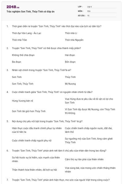 Trắc nghiệm Sơn Tinh, Thủy Tinh có đáp án