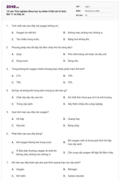 10 câu Trắc nghiệm Khoa học tự nhiên 6 Kết nối tri thức Bài 11 có đáp án