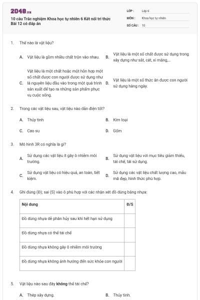10 câu Trắc nghiệm Khoa học tự nhiên 6 Kết nối tri thức Bài 12 có đáp án