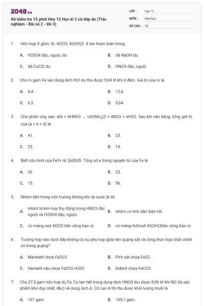 Đề kiểm tra 15 phút Hóa 12 Học kì 2 có đáp án (Trắc nghiệm - Bài số 2 - Đề 3)