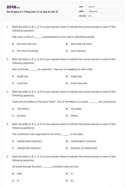 Đề thi giữa kì 2 Tiếng Anh 12 có đáp án (Đề 3)