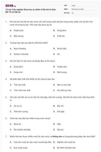 10 câu Trắc nghiệm Khoa học tự nhiên 6 Kết nối tri thức Bài 16 có đáp án
