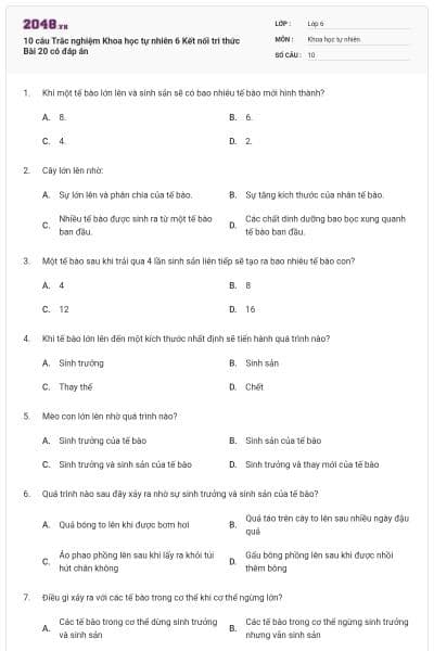 10 câu Trắc nghiệm Khoa học tự nhiên 6 Kết nối tri thức Bài 20 có đáp án