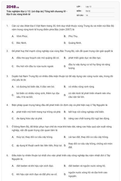 Trắc nghiệm Địa Lí 12: (có đáp án) Tổng kết chương IV - Địa lí các vùng kinh tế