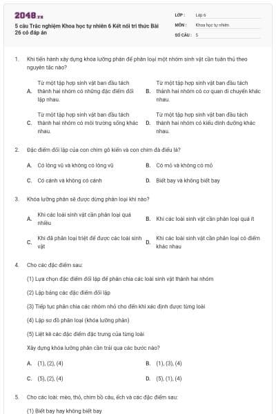 5 câu Trắc nghiệm Khoa học tự nhiên 6 Kết nối tri thức Bài 26 có đáp án